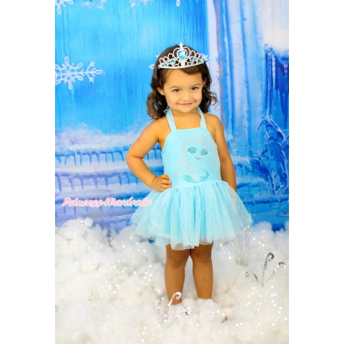 Frozen Light Blue Halter Dress & Sparkle Bling Rhinestone Princess Elsa LP138